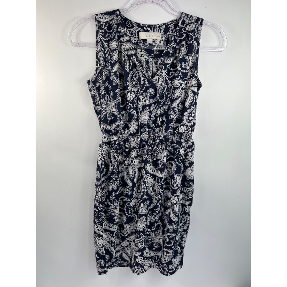 Ann Taylor Loft Petites Dress Women's Sz XXSP Navy Print Keyhole Neck